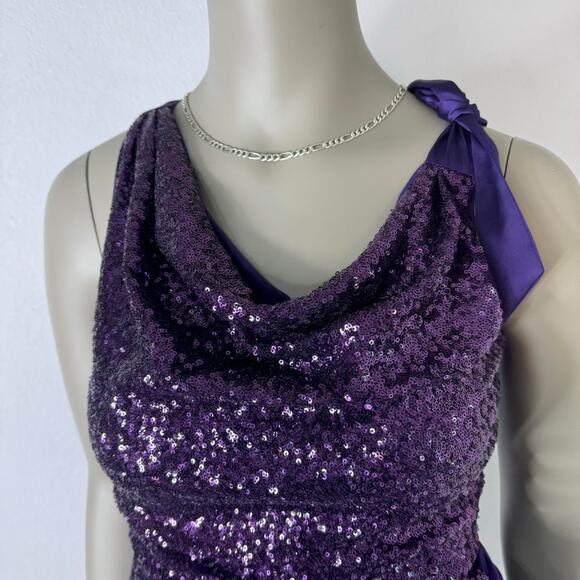 Sequin Going Top Purple Cowl Neck Tie Shoulder Y2K Clubwear Party - Picture 3 of 8